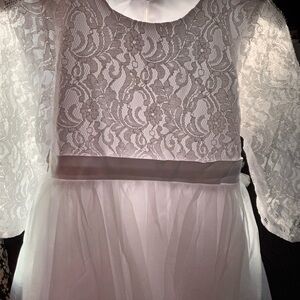 Communion/wedding White Lace Tulle Kids Dress with Satin Waistband